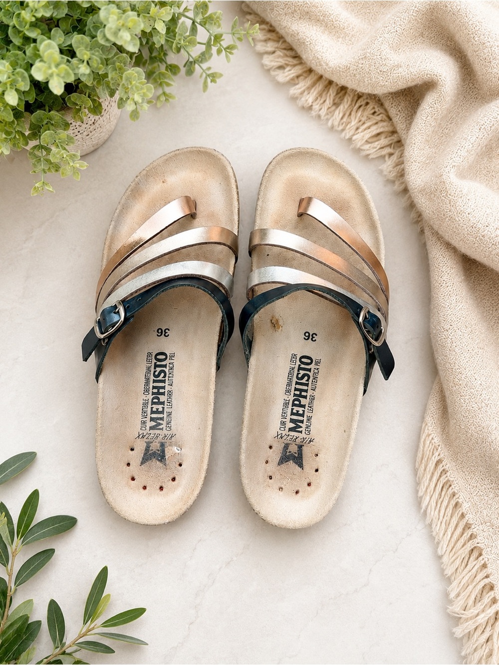 Mephisto Air Relax Metallic Leather Sandals EU 36 Made in 🇵🇹
